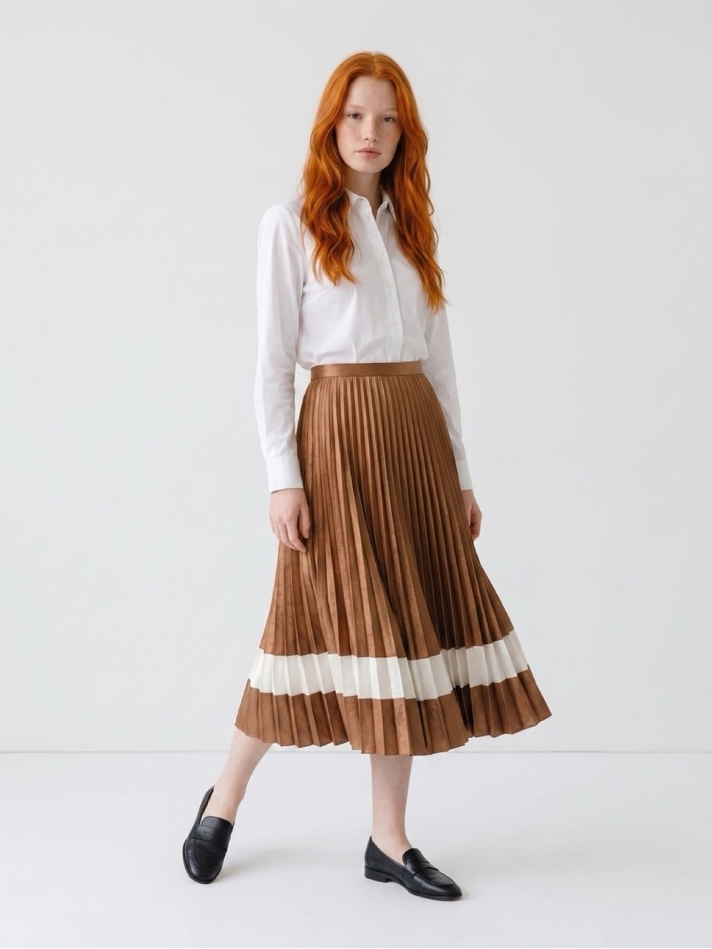 Theory Brown Pleated Midi Skirt with White Hem Stripe
